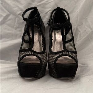 bebe Black Mesh Peep Toe Heels